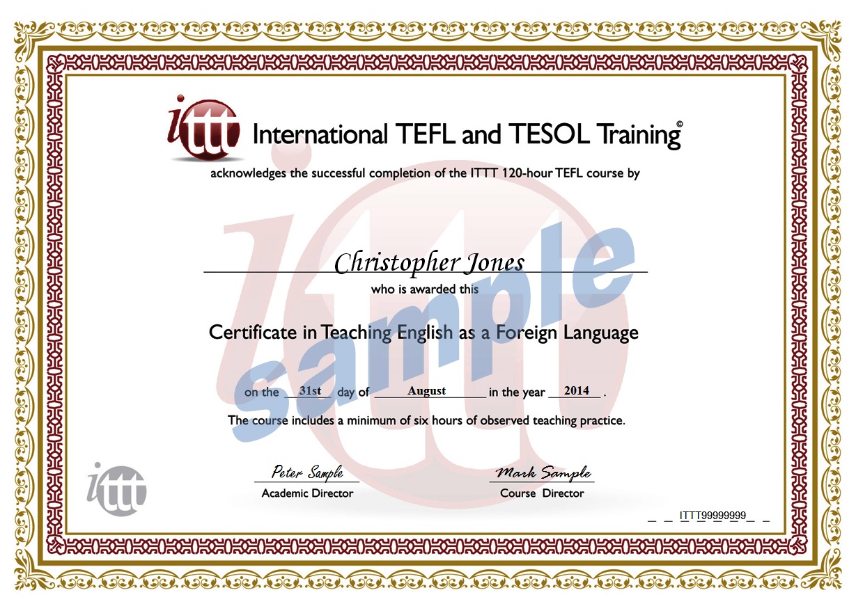 ITTT 120-hour Combined course sample certificate